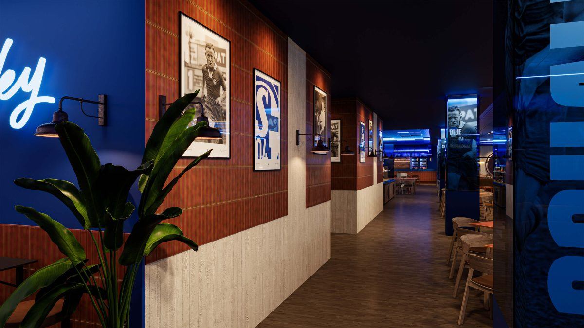 Gang im Gastronomiebereich ‚Tibulsky‘ mit roten Wandpaneelen, gerahmten Bildern, Wandleuchten und blauer LED‑Beleuchtung; Blick zur Bar.