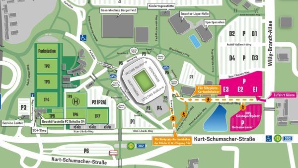 Karte des Berger Felds, die die Gästeparkplätze markiert und die Wegführung vor dort zur Arena aufzeigt.